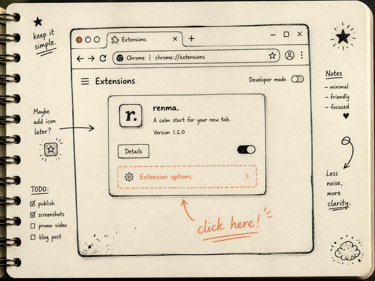 chrome://extensions with Renma highlighted
